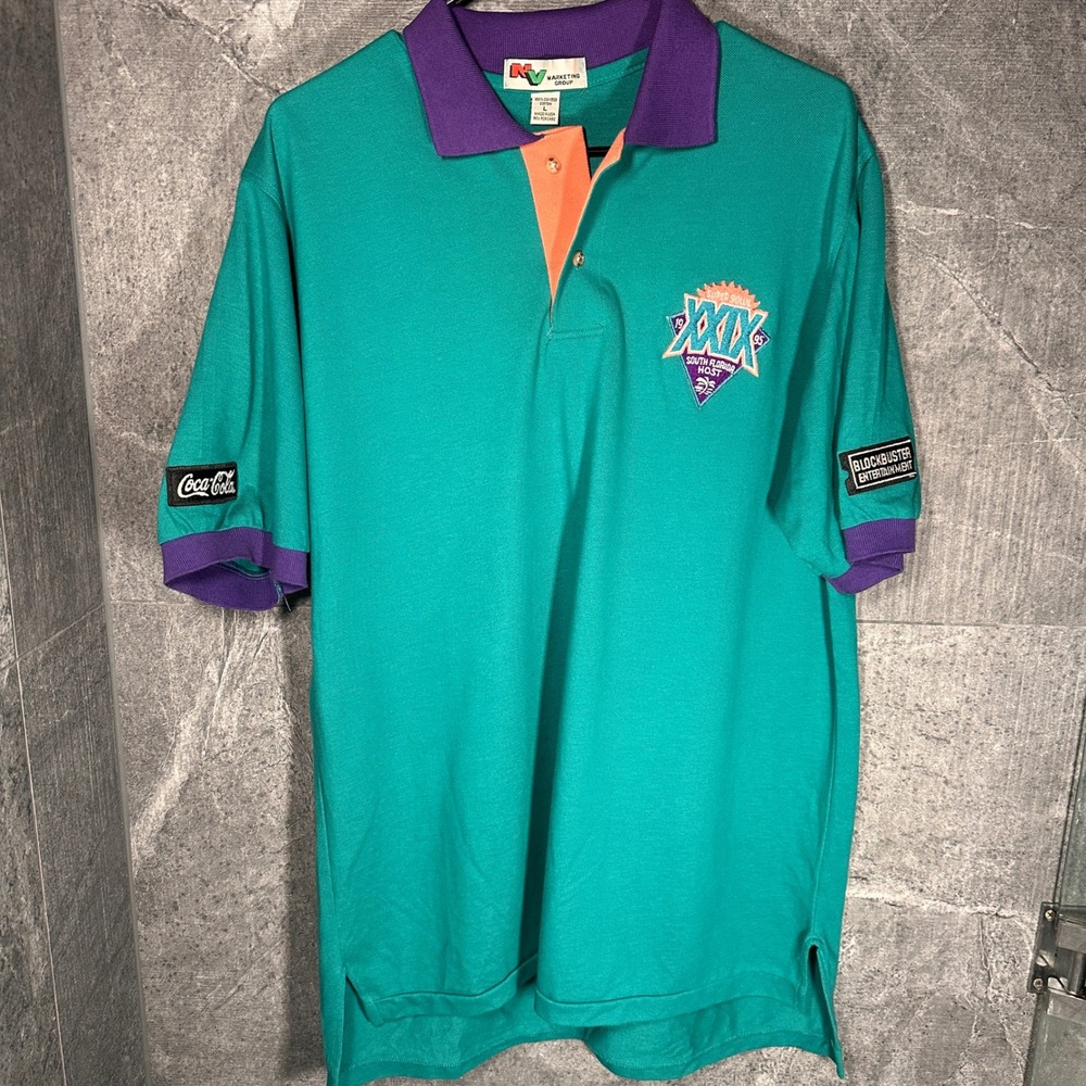 VTG 95 Super Bowl Staff Polo Shirt Mens L NFL Blockbuster Coke Colorblock USA